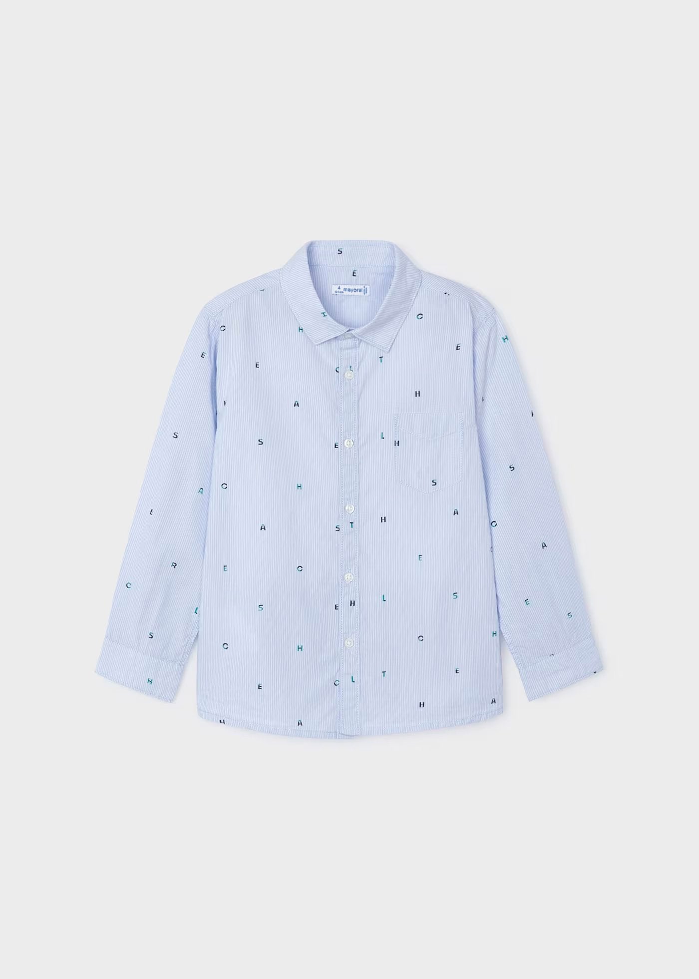 camisa manga larga, color azul celeste con prints
