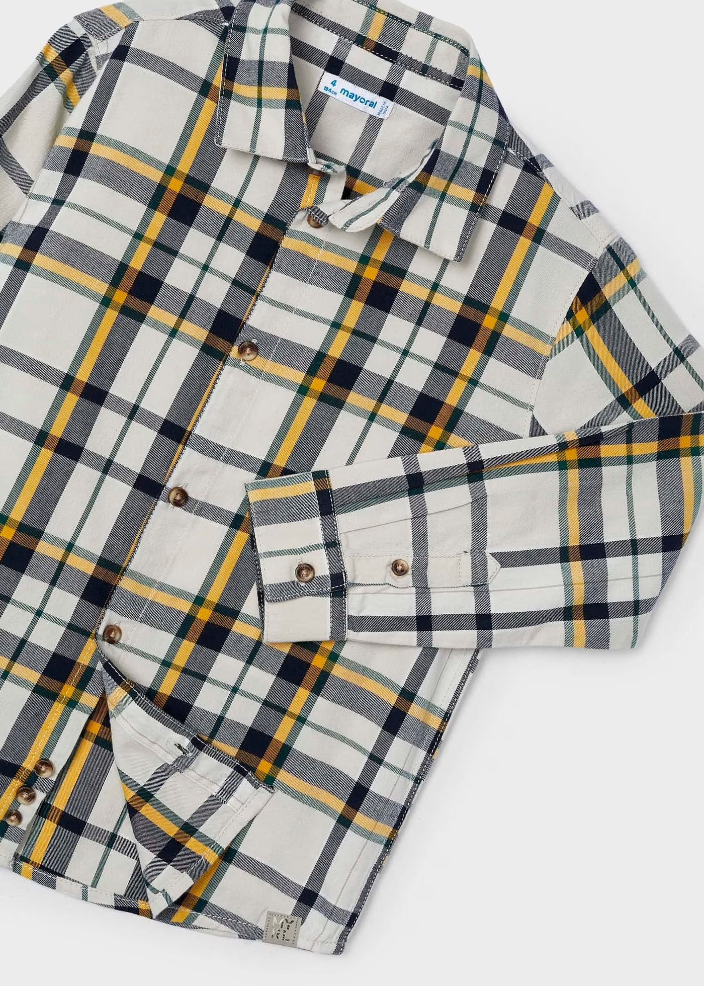 camisa manga larga, crudo, a cuadros amarillo y plomo