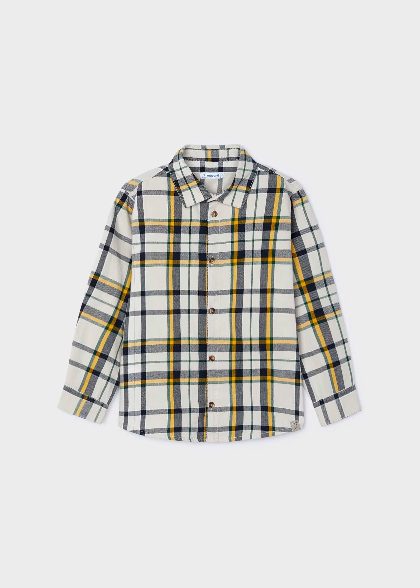 camisa manga larga, crudo, a cuadros amarillo y plomo