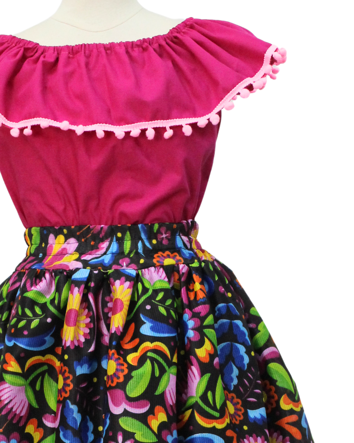 SET FALDA ADELITA FLORES BLUSA CAMPESINA ROSA POMPON ROSA