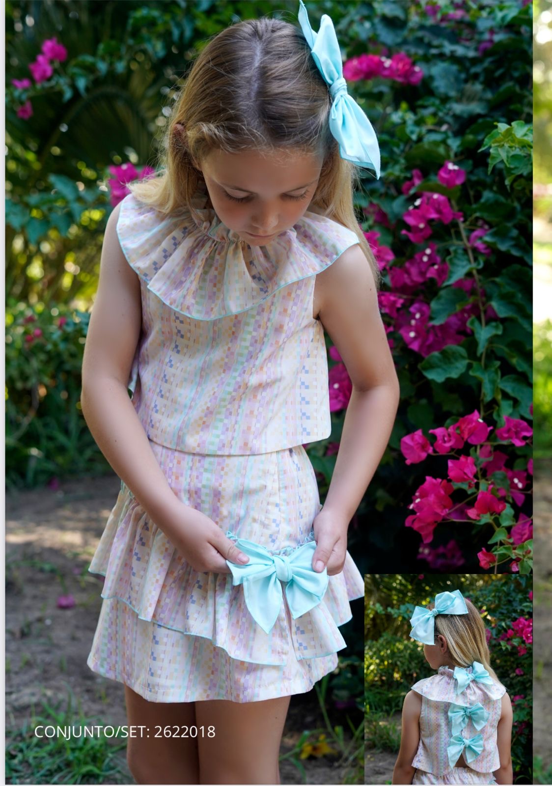 Conjunto blusa y falda tonos pastel, moda española