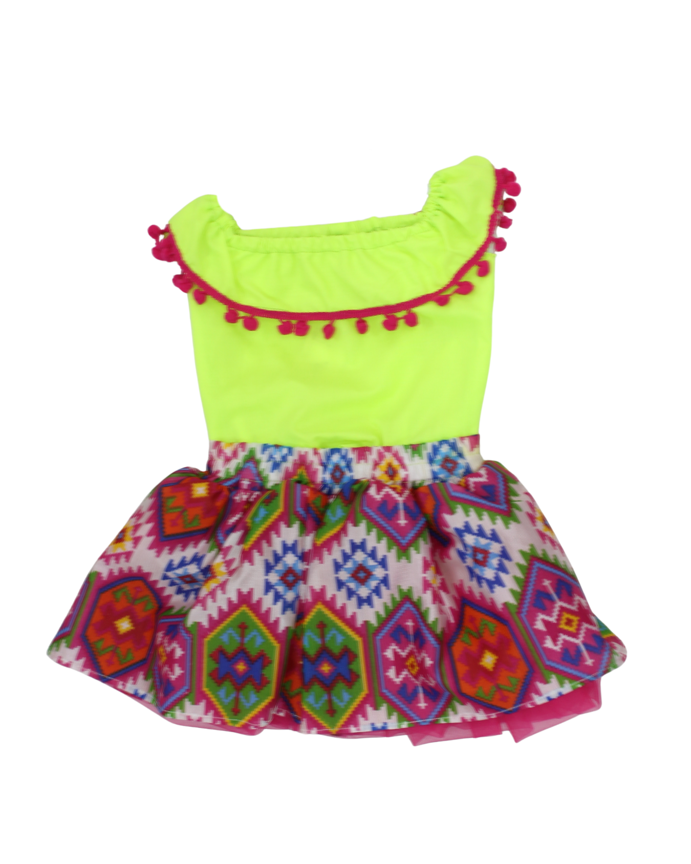 SET PATRIO TUTU CON BLUSA CAMPESINAAMARILLA POMPON ROJO, FALDA GEOMETRIA