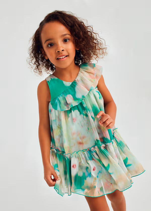 Vestido flores y olan en hombro