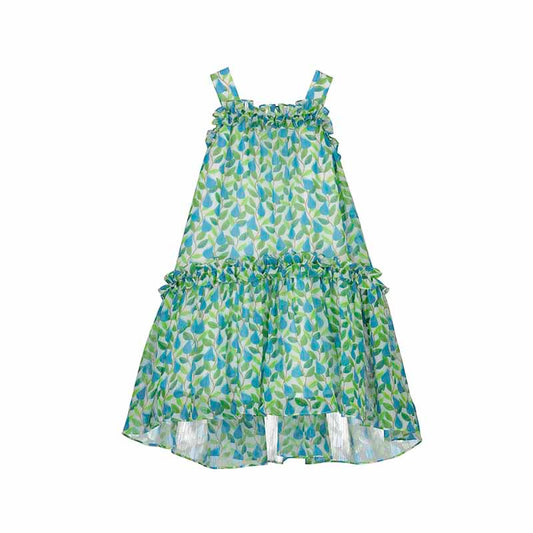 Vestido Estampado de Tirantes, Hojas Turquesa