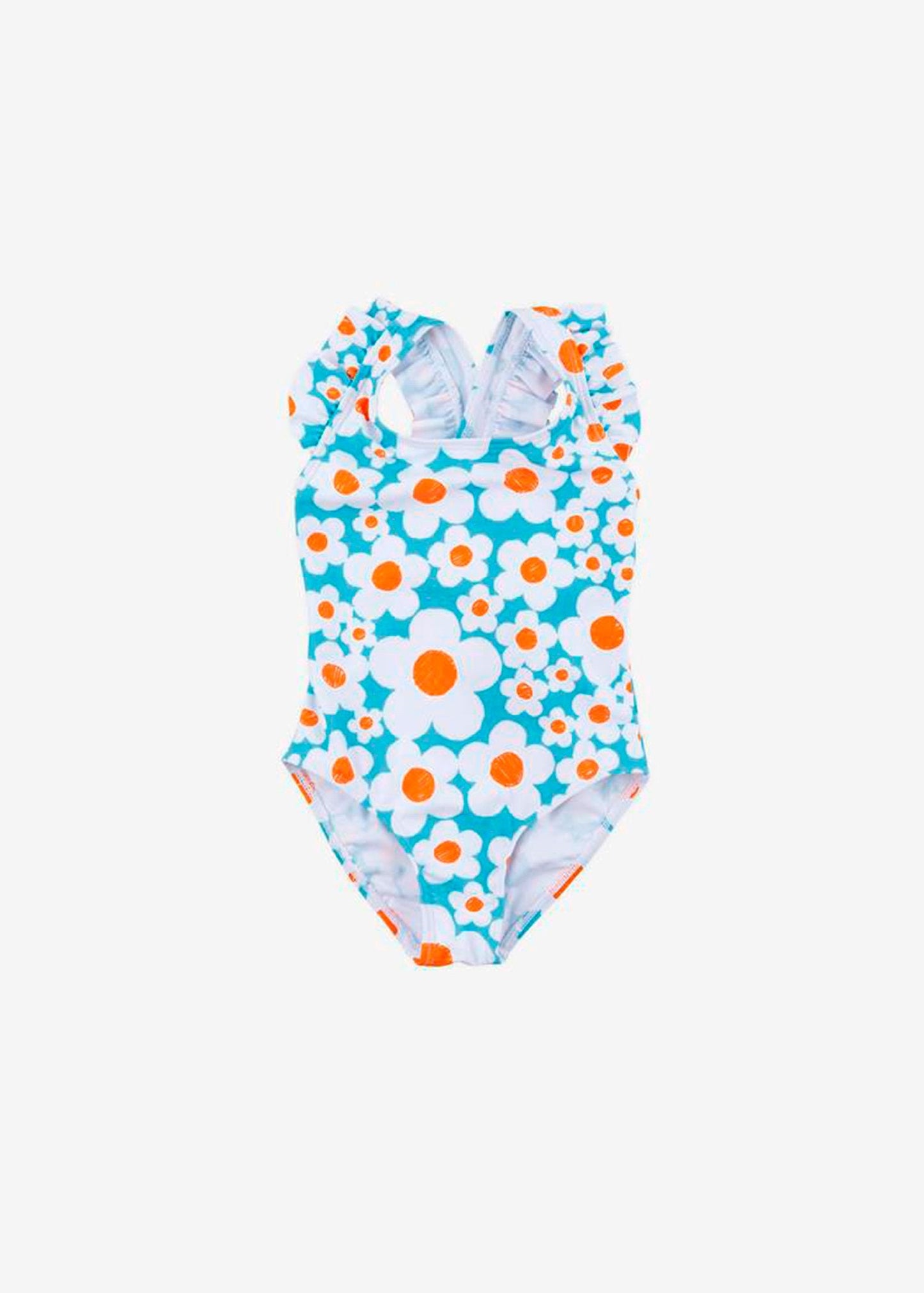 traje de baño azul flores blancas