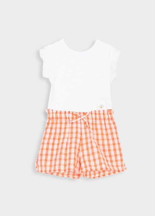 set blusa manga olanes y short a cuadros naranja