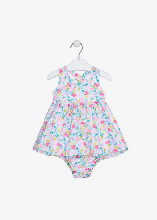 vestido blanco, flores colores, cruzado en la espalda