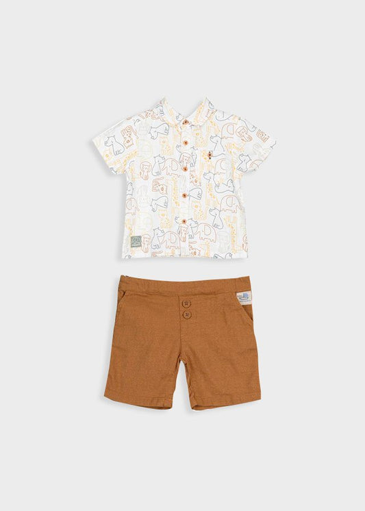 set camisa prints con short de lino color café