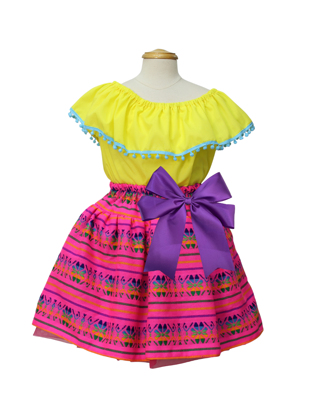 SET PATRIO TUTU CON BLUSA CAMPESINA AMARILLA CON POMPON AZUL, FALDA RAYAS ROSA