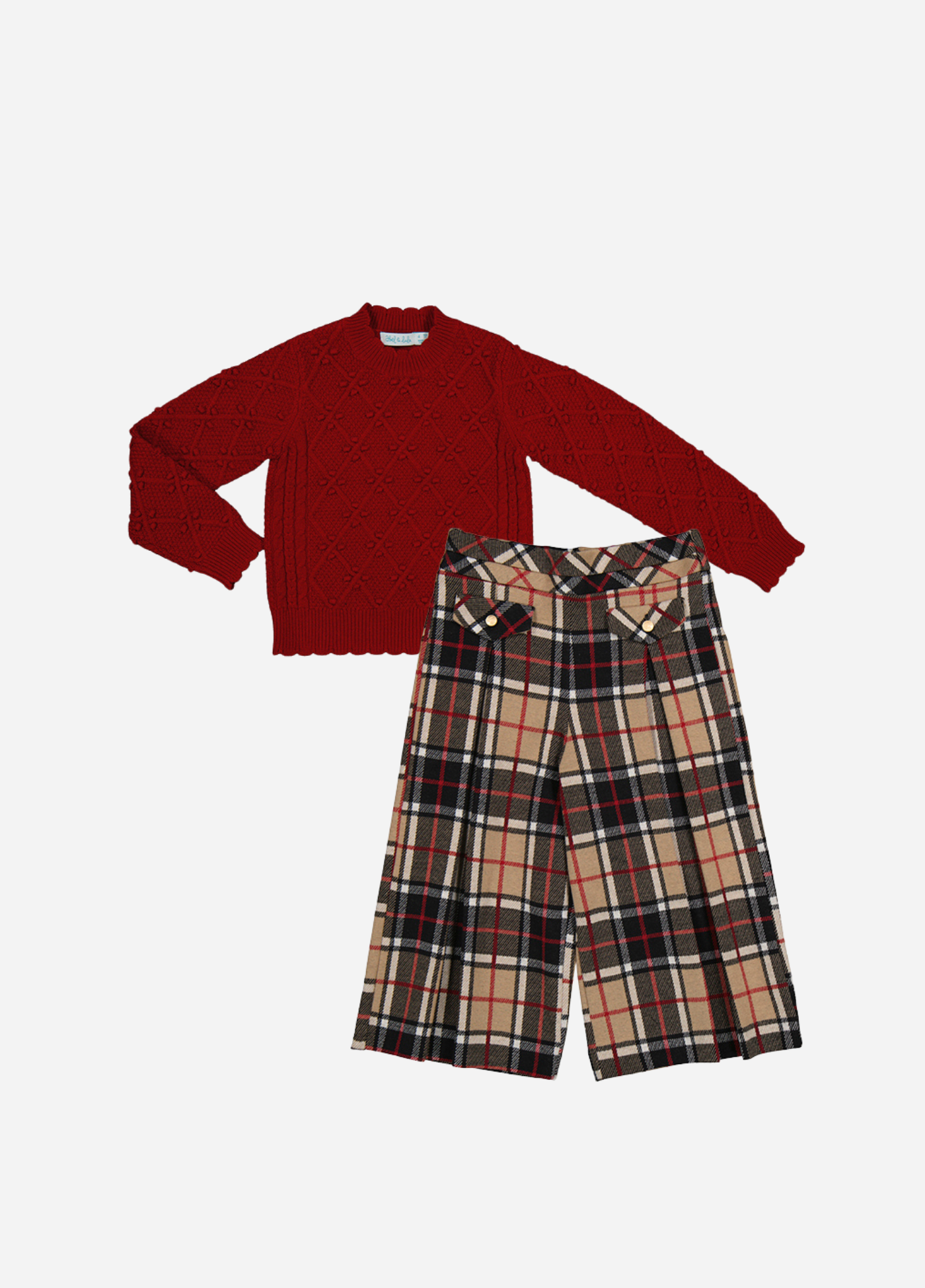 conjunto jersey rojo y pantalón a cuadros