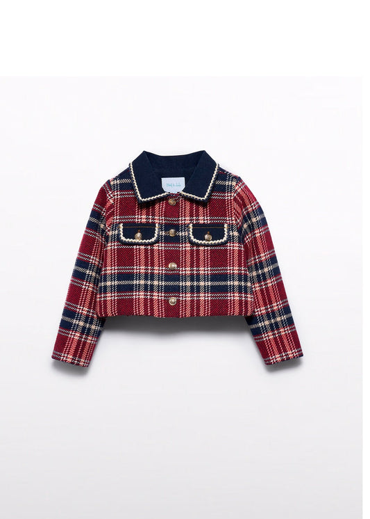 chaqueta a cuadros, botones al frente y cuello italiano