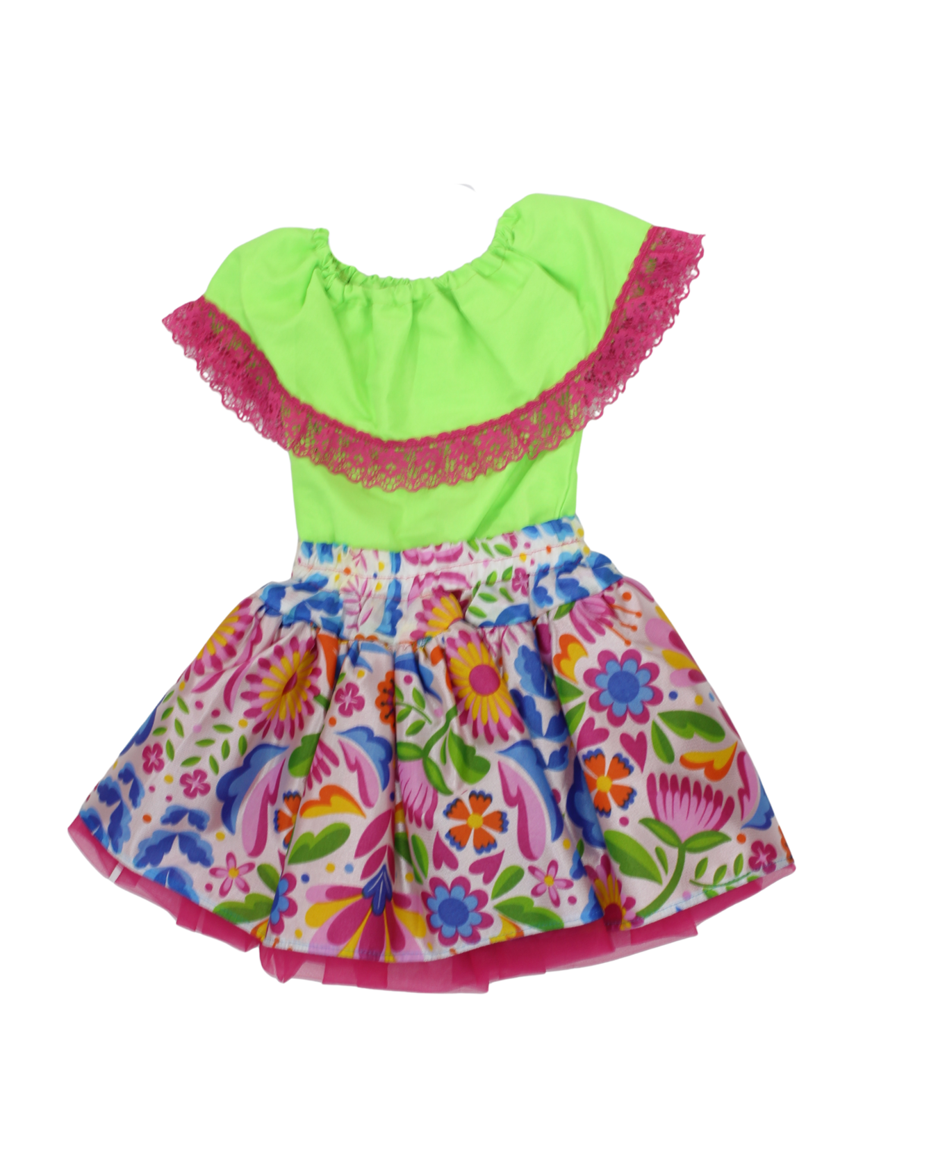 SET PATRIO TUTU CON BLUSA CAMPESINA VERDE ENCAJE ROSA, FALDA FLORES