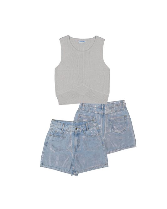 conjunto blusa plata y short metalico denim