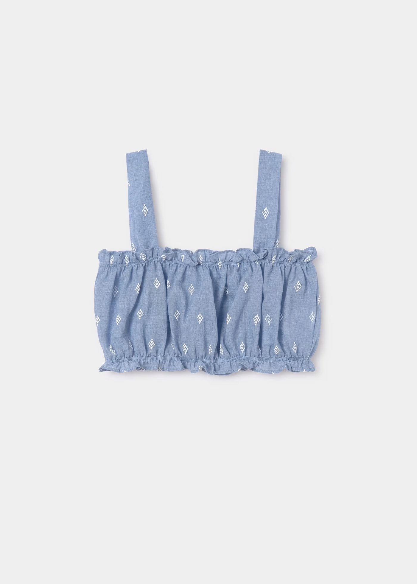 set blusa azul tipo denim con camisa y short blanco
