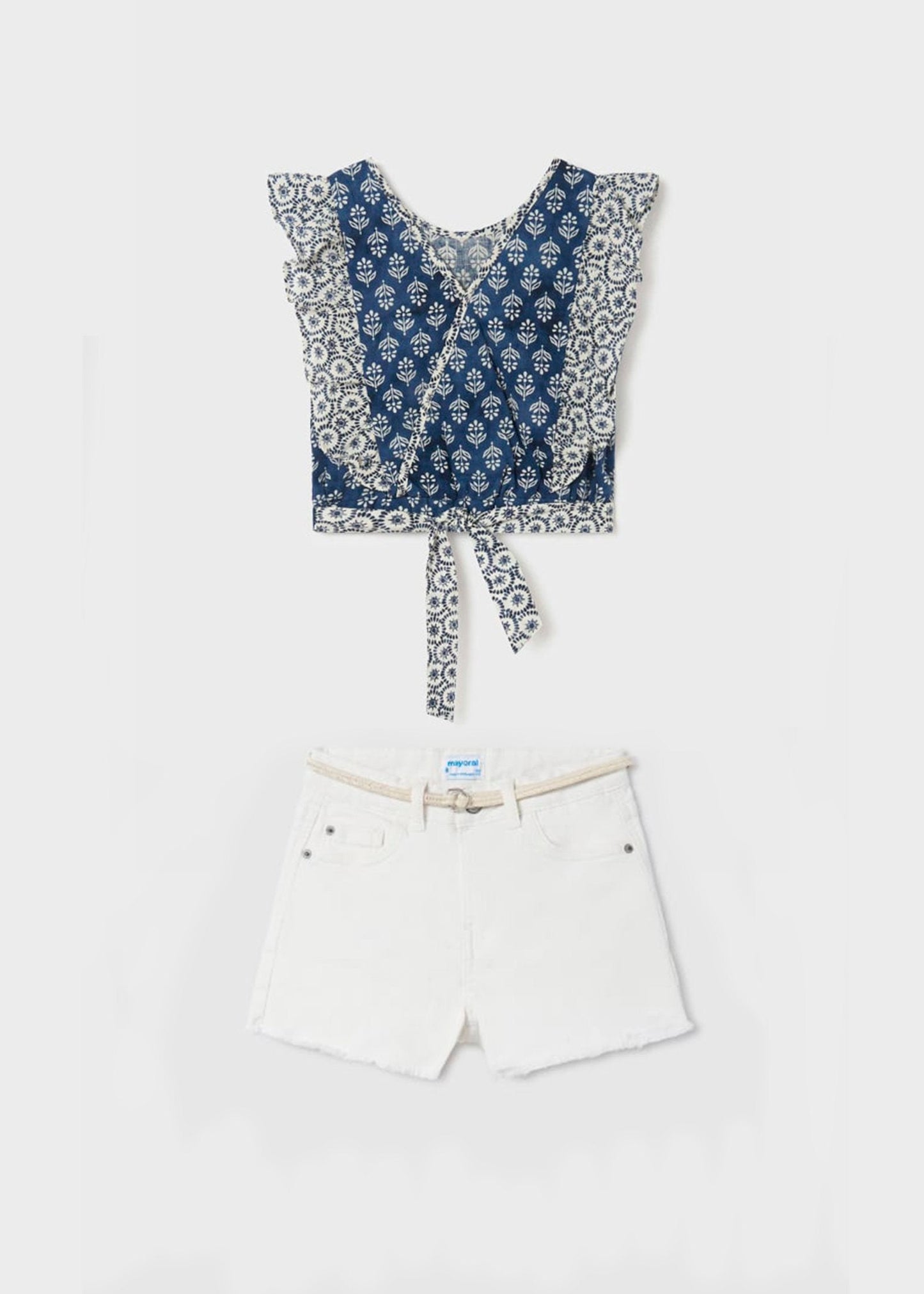 Set blusa olanes azul con short blanco