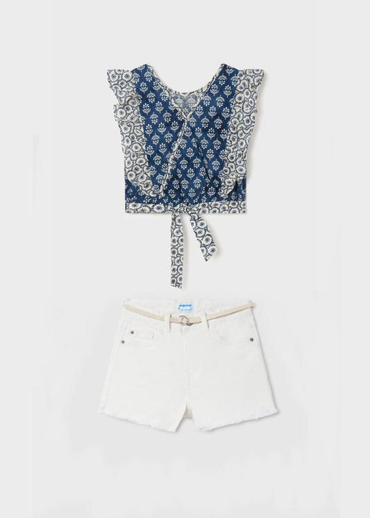 Set blusa olanes azul con short blanco