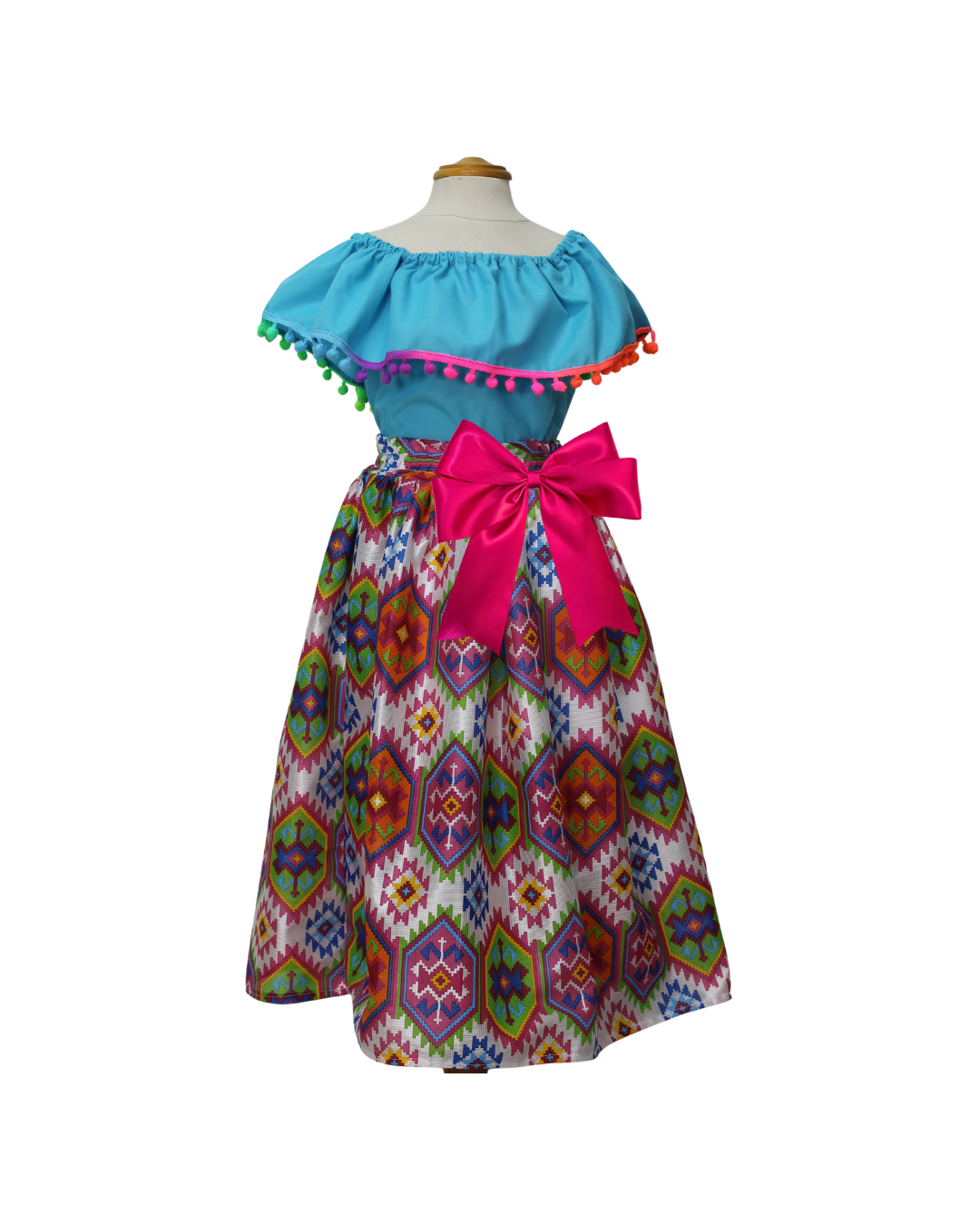 SET FALDA ADELITA CUADROS BLUSA CAMPESINA AZUL POMPON ARCOIRIS, FALDA CUADROS BLANCA