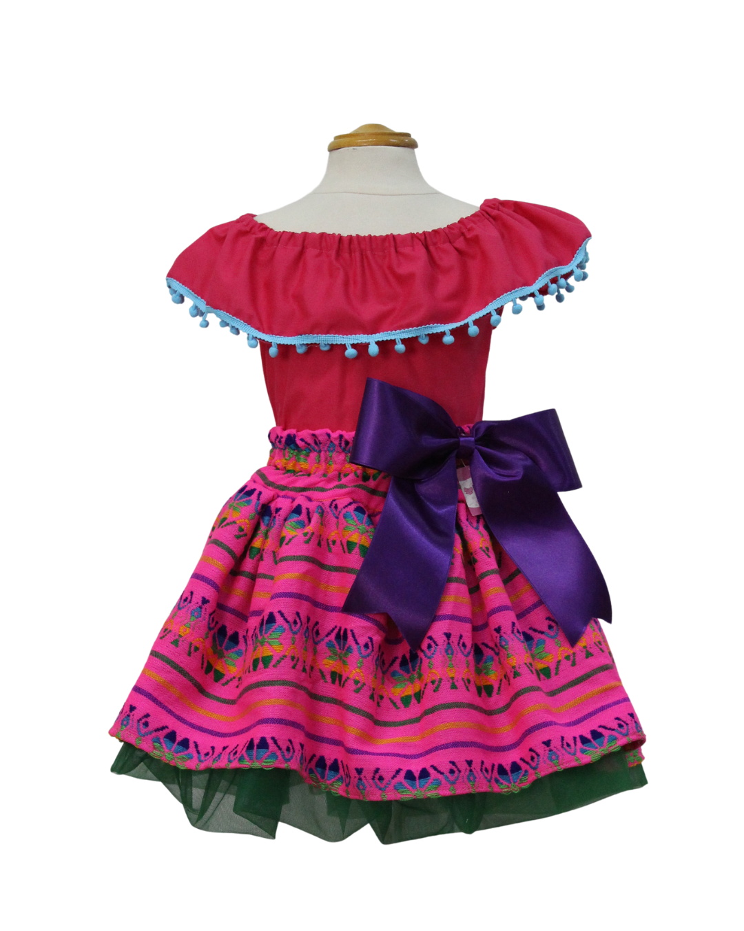 SET PATRIO TUTU CON BLUSA CAMPESINA ROSA POMPON AZUL, FALDA CAMBAYA ROSA