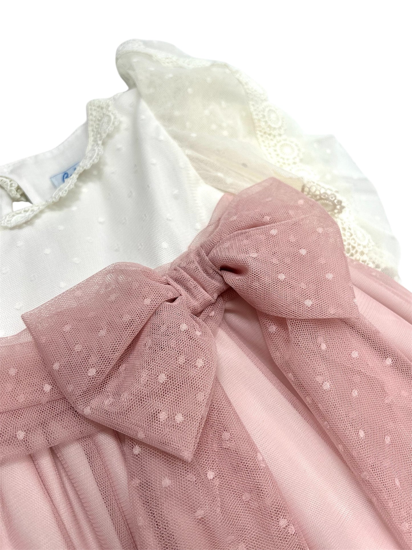 Vestido tul, combinado rosa palo