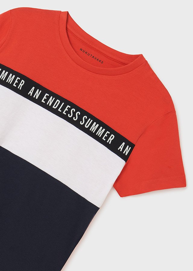 conjunto de short y camiseta colores azul blanco y naranja