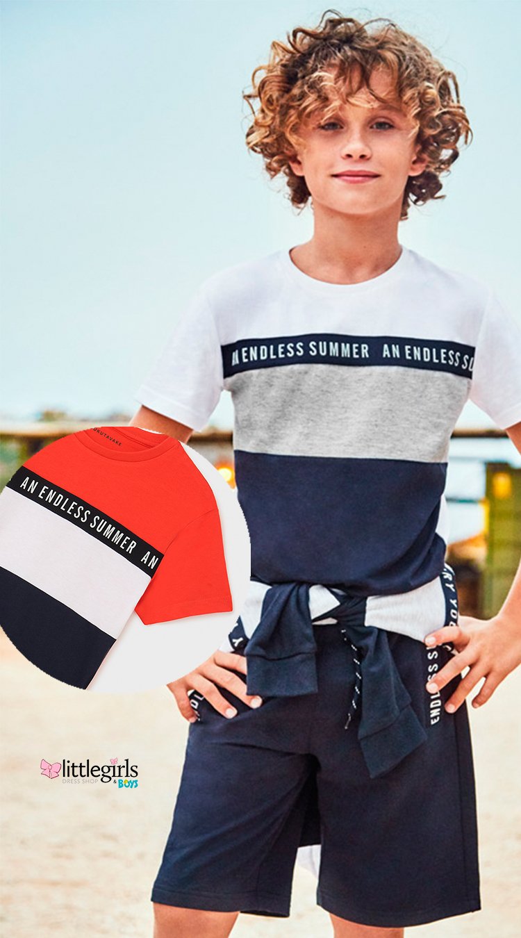 conjunto de short y camiseta colores azul blanco y naranja