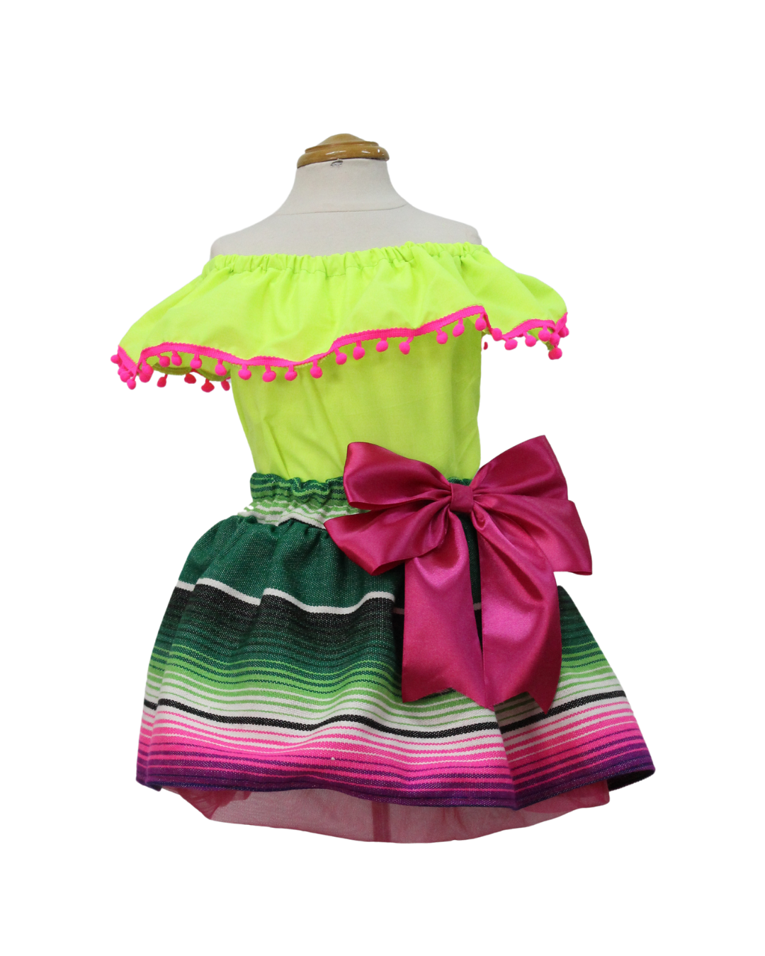 SET PATRIO TUTU CON BLUSA CAMPESINA AMARILLA POMPON ROSA, FALDA RAYAS