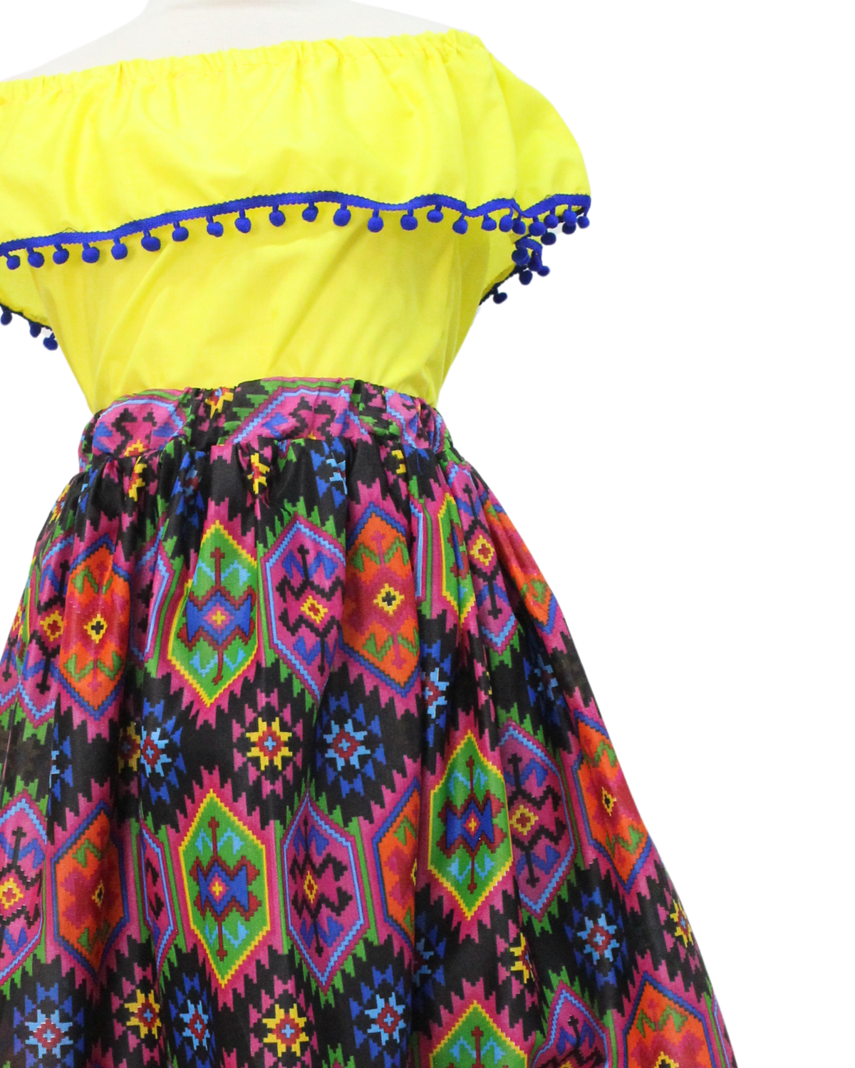 SET FALDA ADELITA COLORES BLUSA CAMPESINA AMARILLA POMPON AZUL