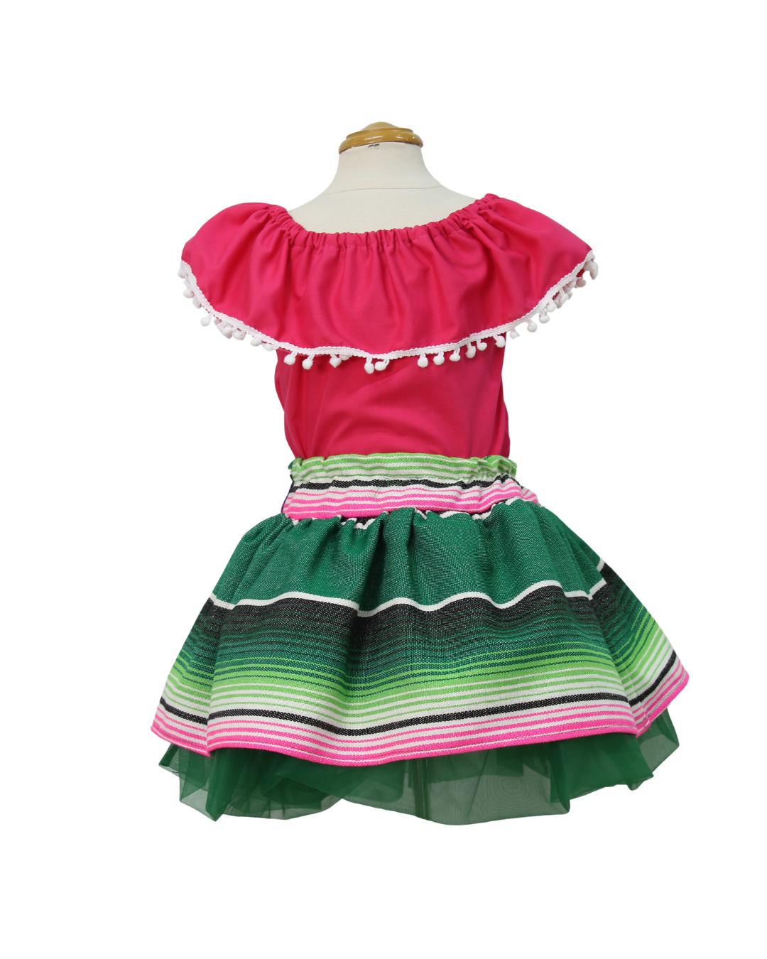 SET PATRIO TUTU CON BLUSA CAMPESINA ROSA POMPON BLANCO, FALDA RAYAS