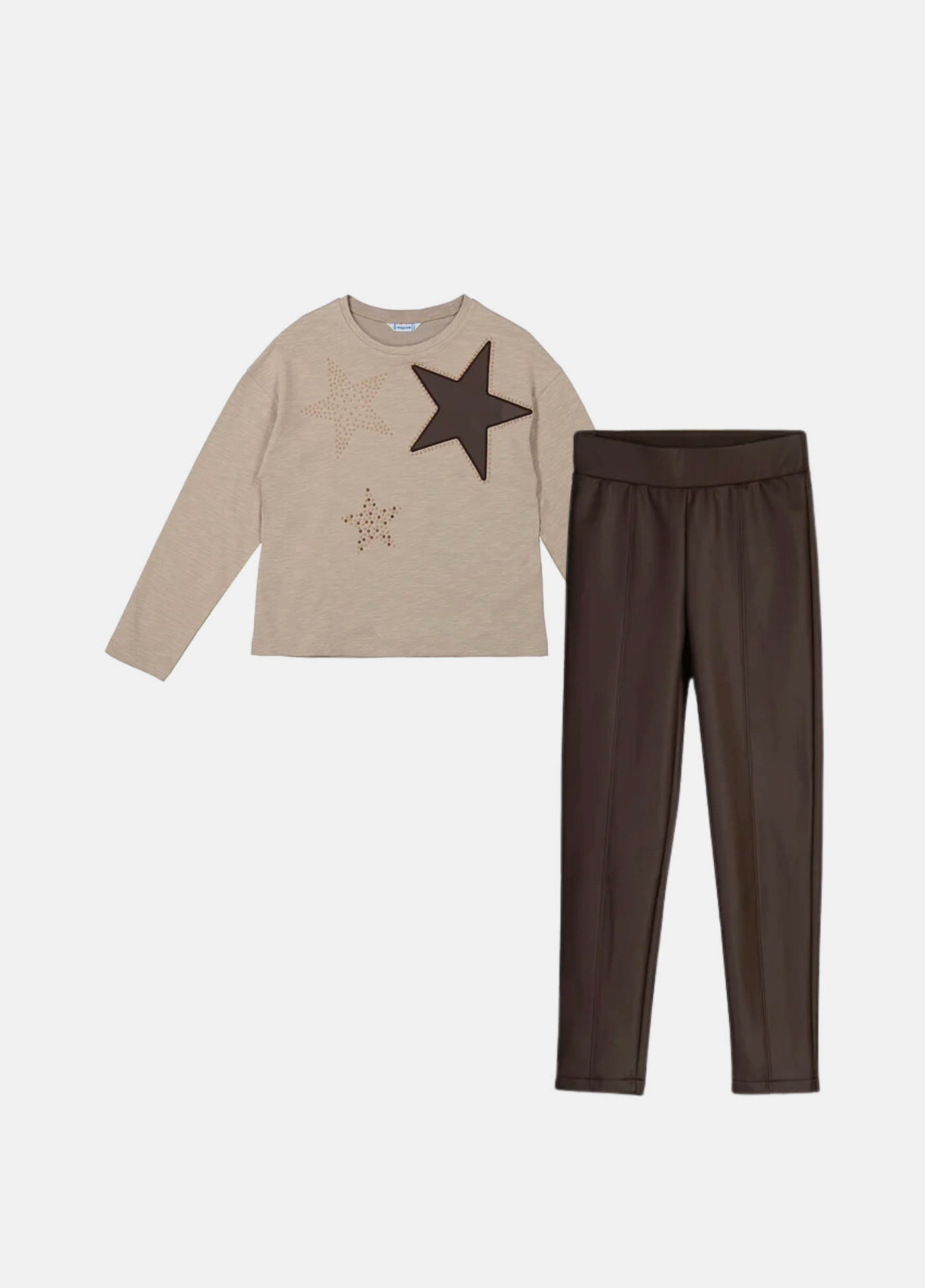 set pantalón vinipiel café y suéter estrellas