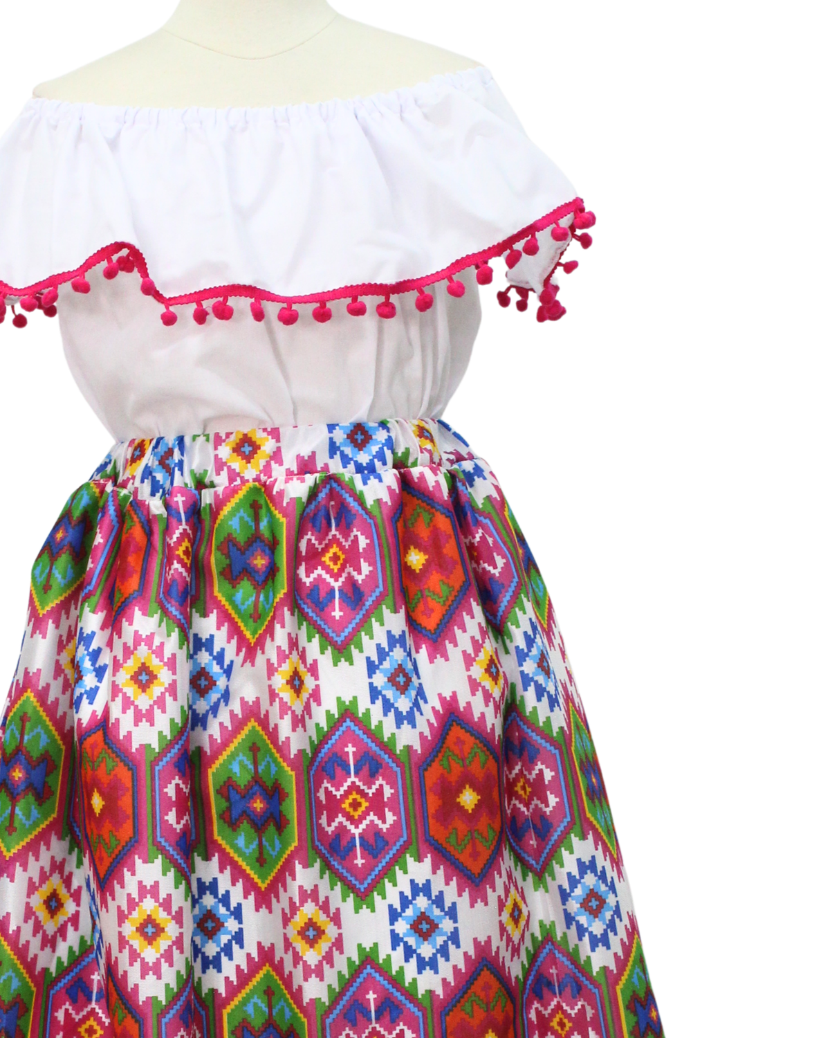 SET FALDA ADELITA COLORES BLUSA CAMPESINA BLANCA POMPON ROSA