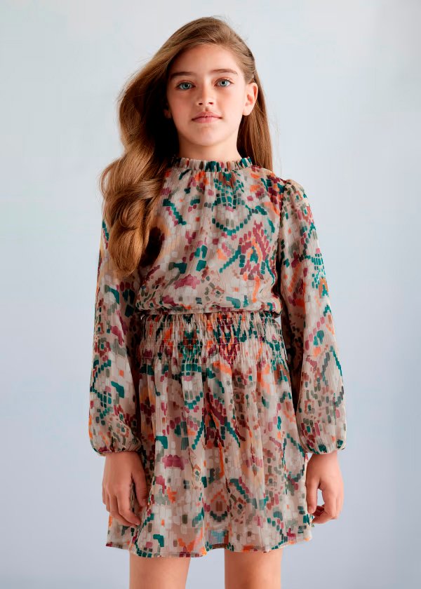 vestido patrones sepia, con smoke en cintura