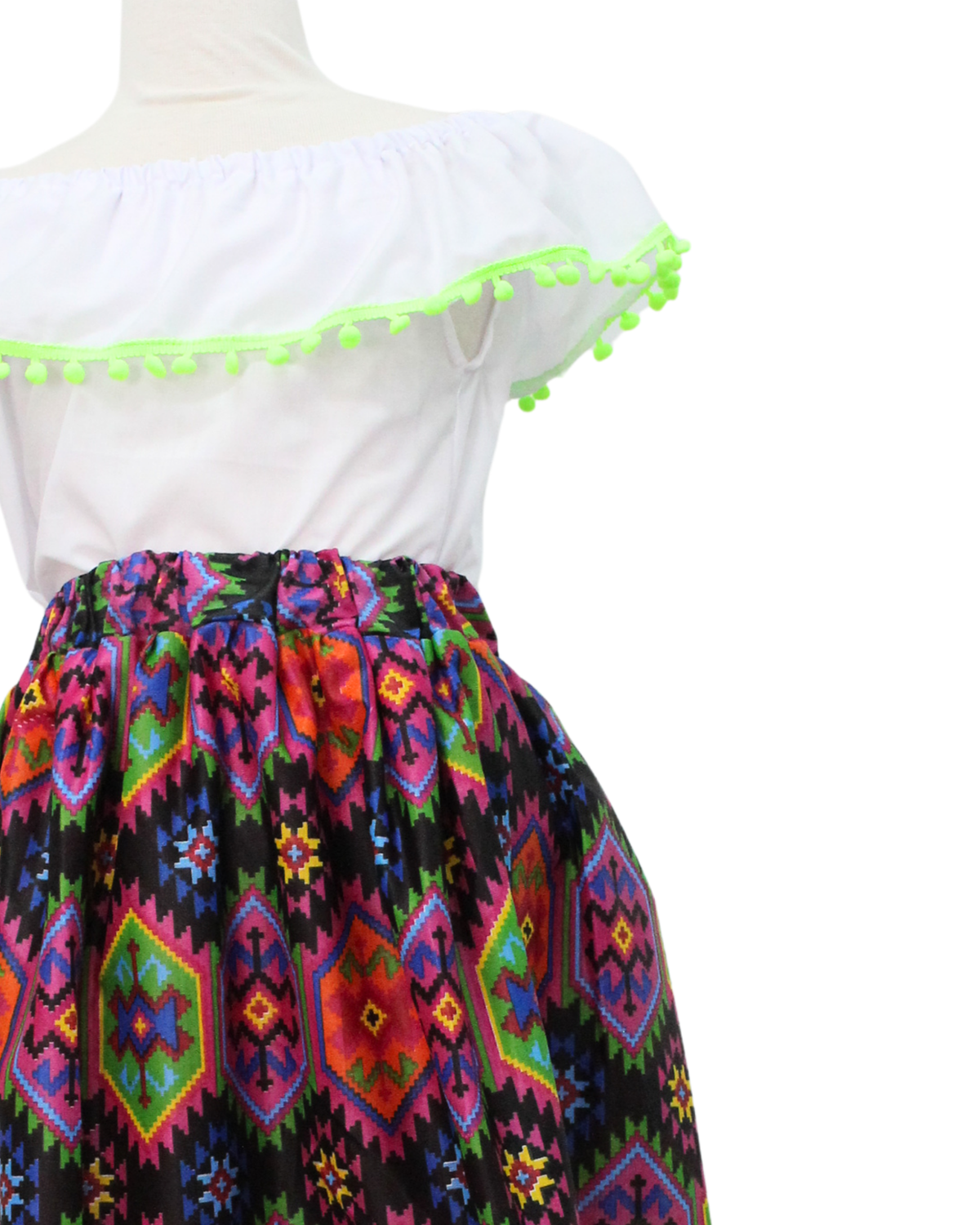 SET FALDA ADELITA GEOMETRIA BLUSA MANGA CAMPESINA POMPON VERDE