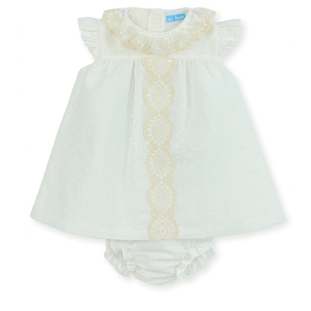 vestido punto cuello de encaje, crudo