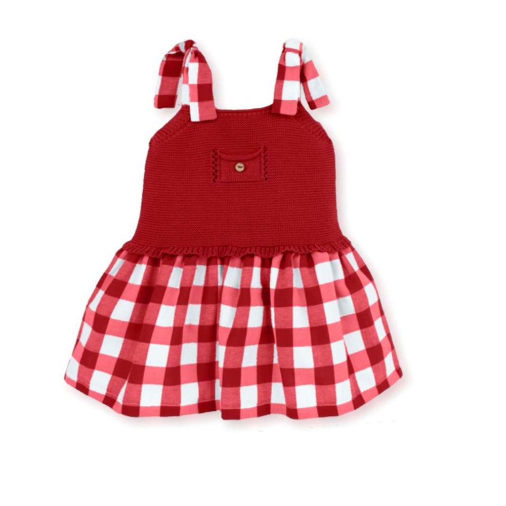 vestido rojo tejido con falda a cuadros