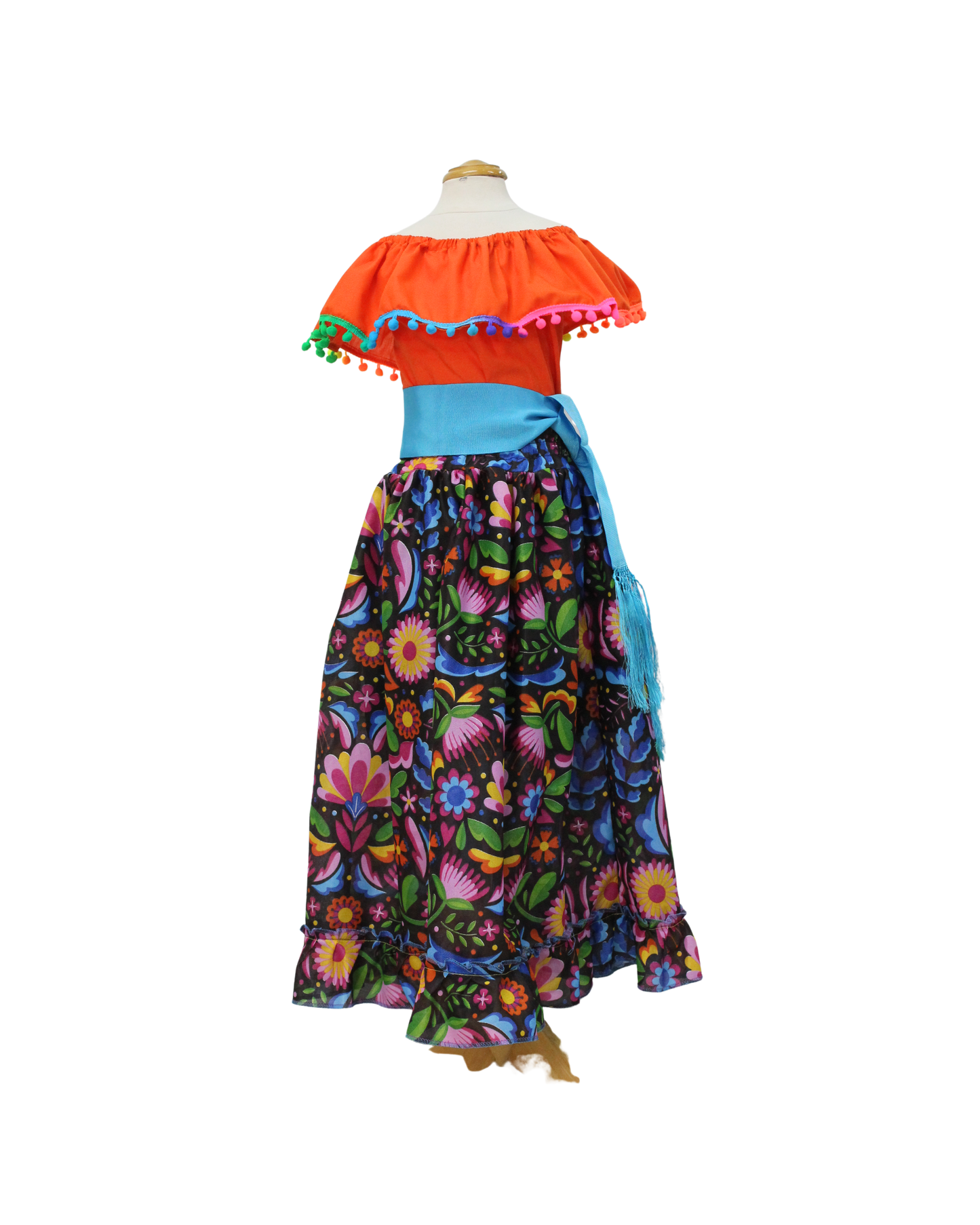 SET FALDA ADELITA FLORES BLUSA CAMPESINA NARANJA POMPON ARCOIRIS