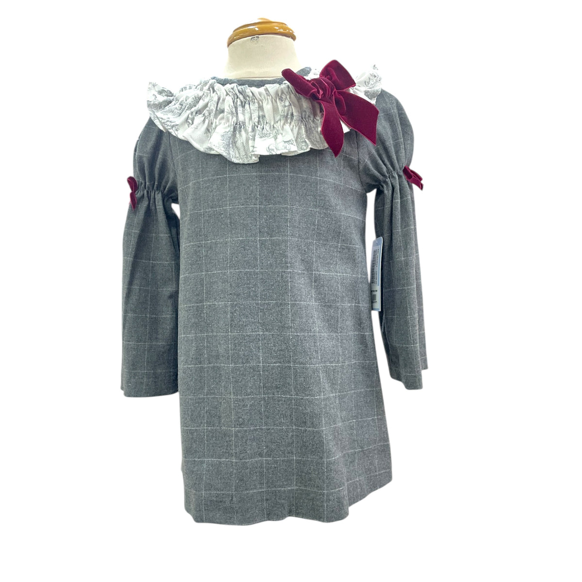 Vestido cuadros plomo cuello smoke moño terciopleo