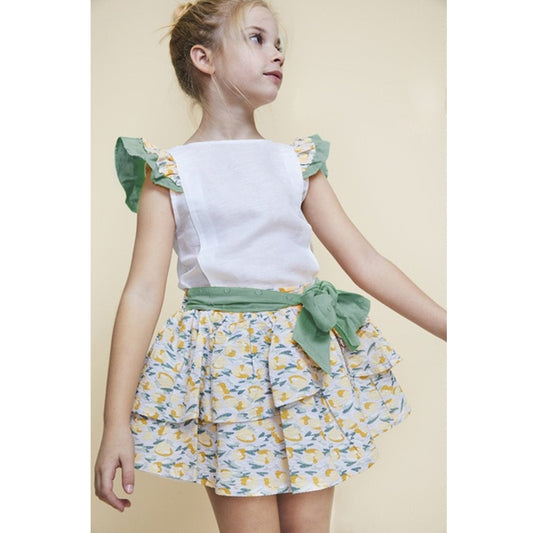 conjunto blusa y falda de olanes verde olivo