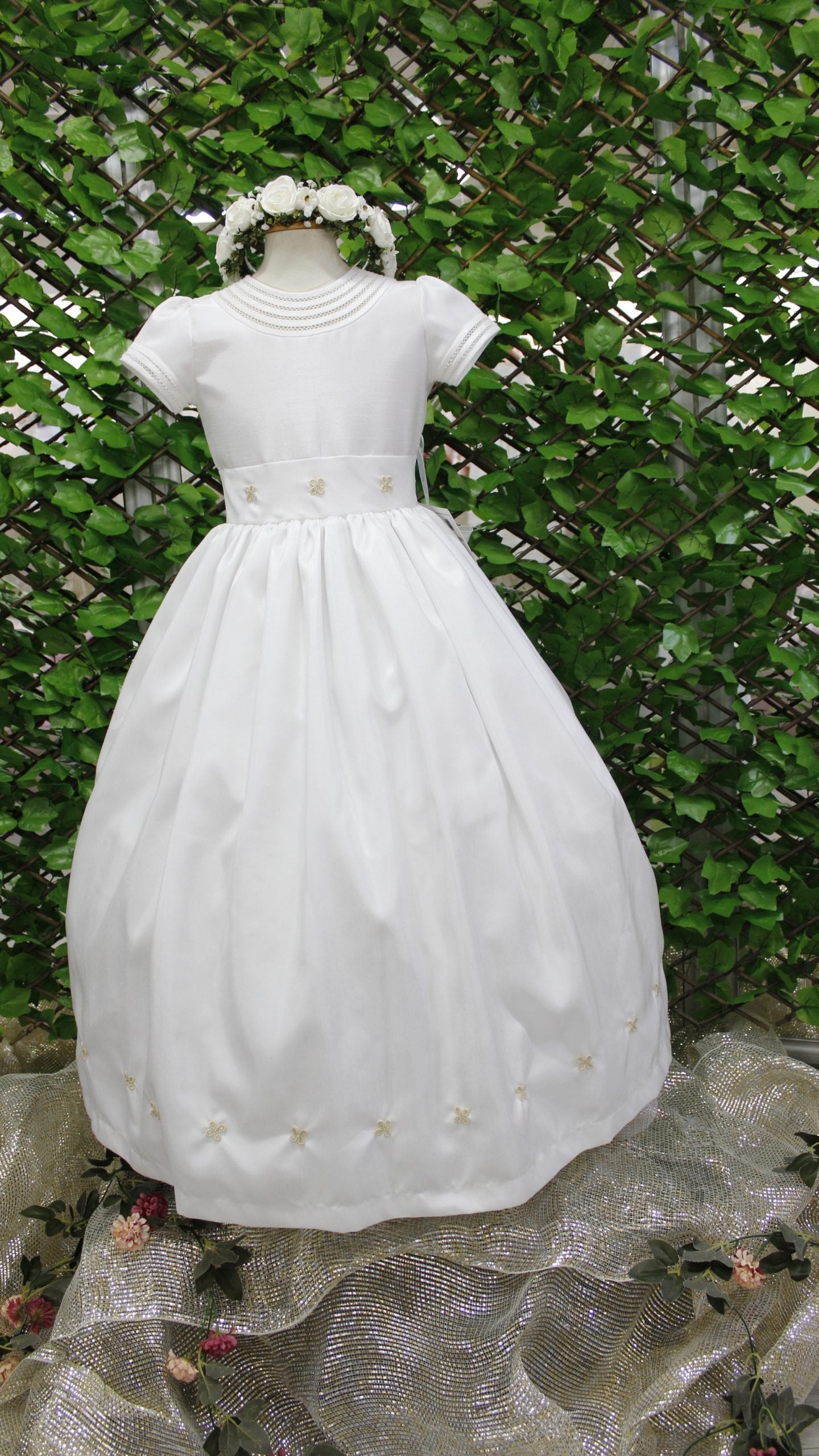 Vestido primera comunión, 3 flores en cintura talla 10
