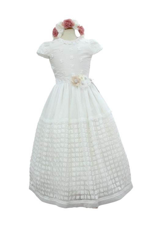 Vestido de primera comunión, color blanco, broche prendedor con aplicación en cintura