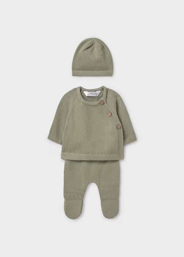 Conjunto regalo 3 piezas tricot unisex, verde salvia