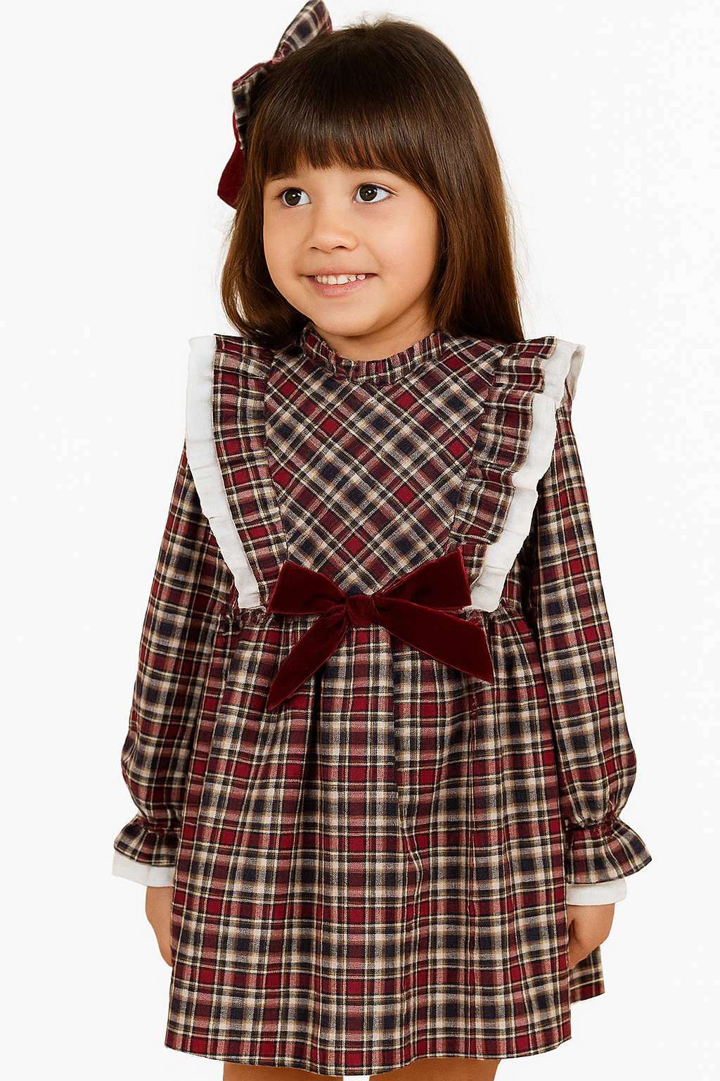 Vestido a cuadros color vino olanes verticales, moda española