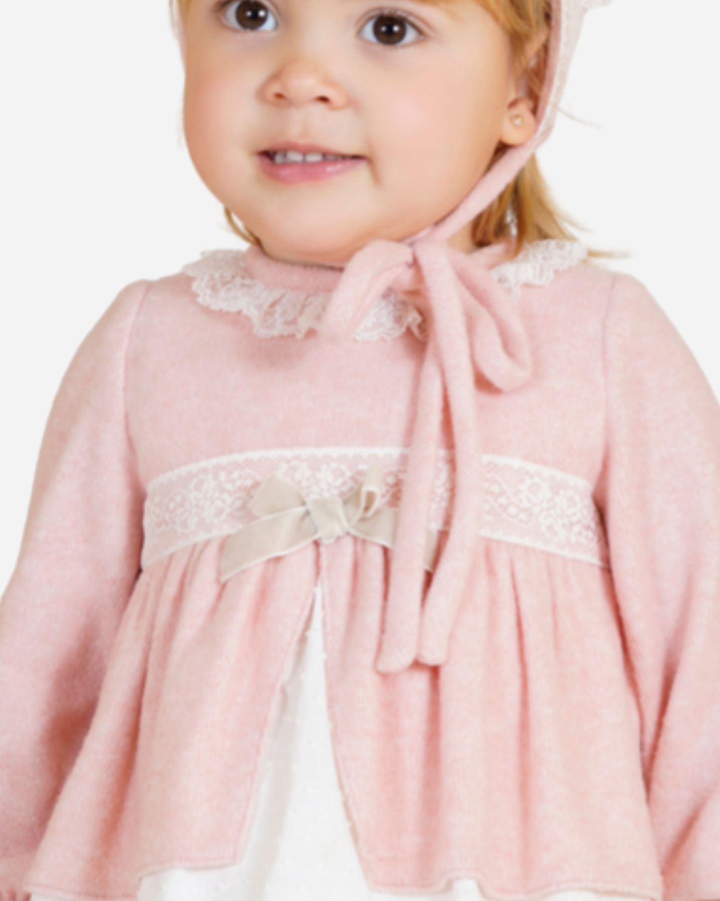 Vestido tejido rosa cuello encaje ivory para bebe moda española