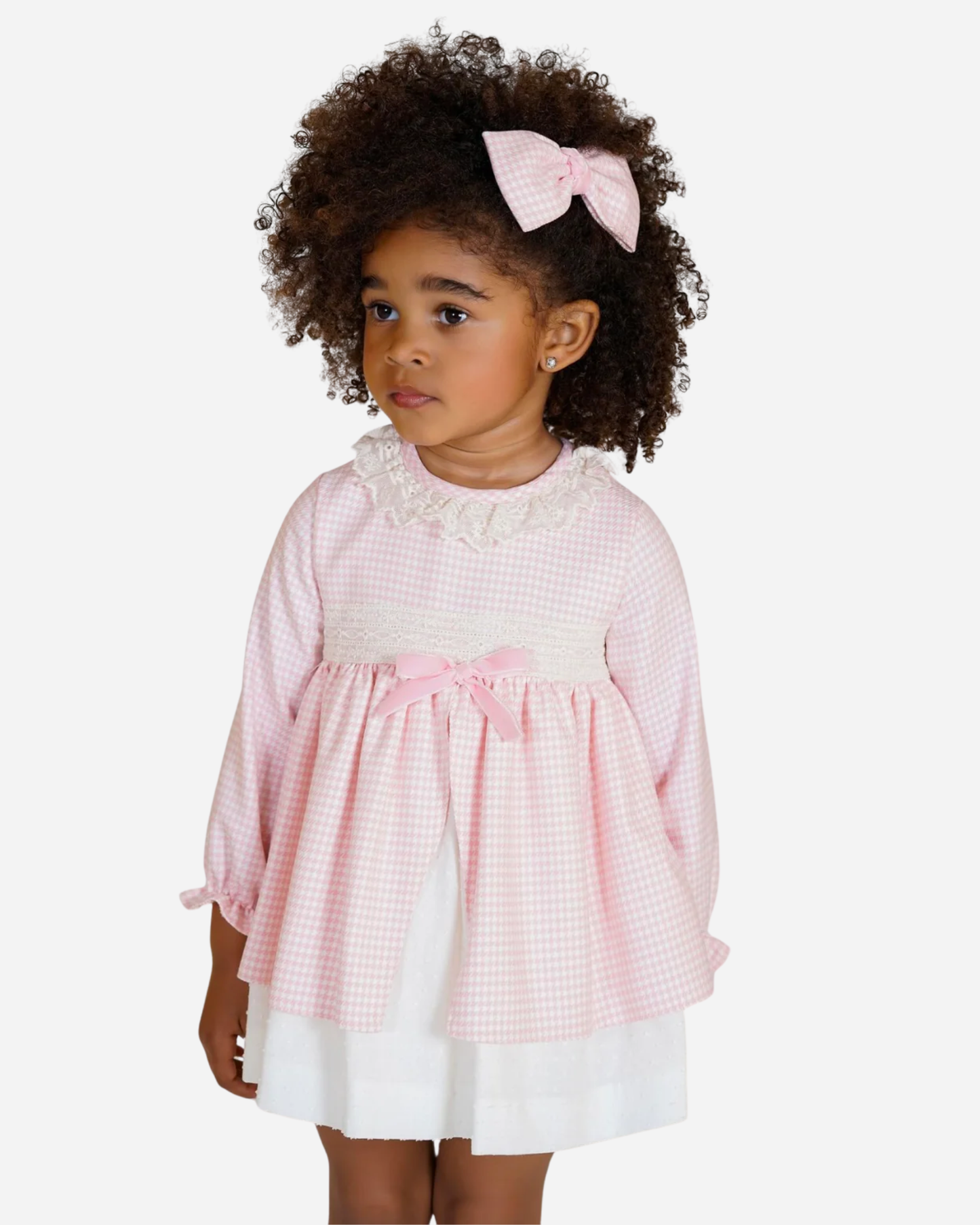 Vestido pata de gallo cuello encaje y punto roto falda interior