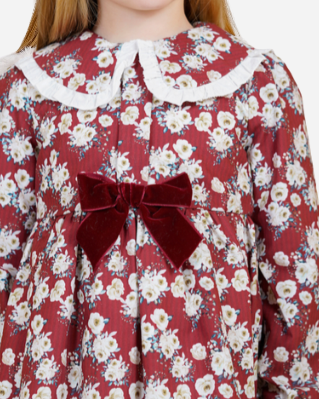 Vestido vino flores beige moño terciopelo, moda española