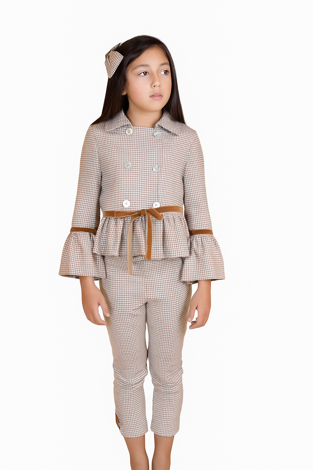 Set pata de gallo café, chaqueta manga campana y pantalón