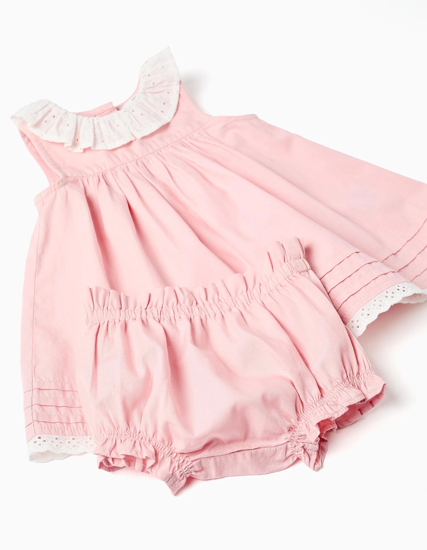 Vestido de popelín + cubrepañal con volantes para recién nacida, rosa
