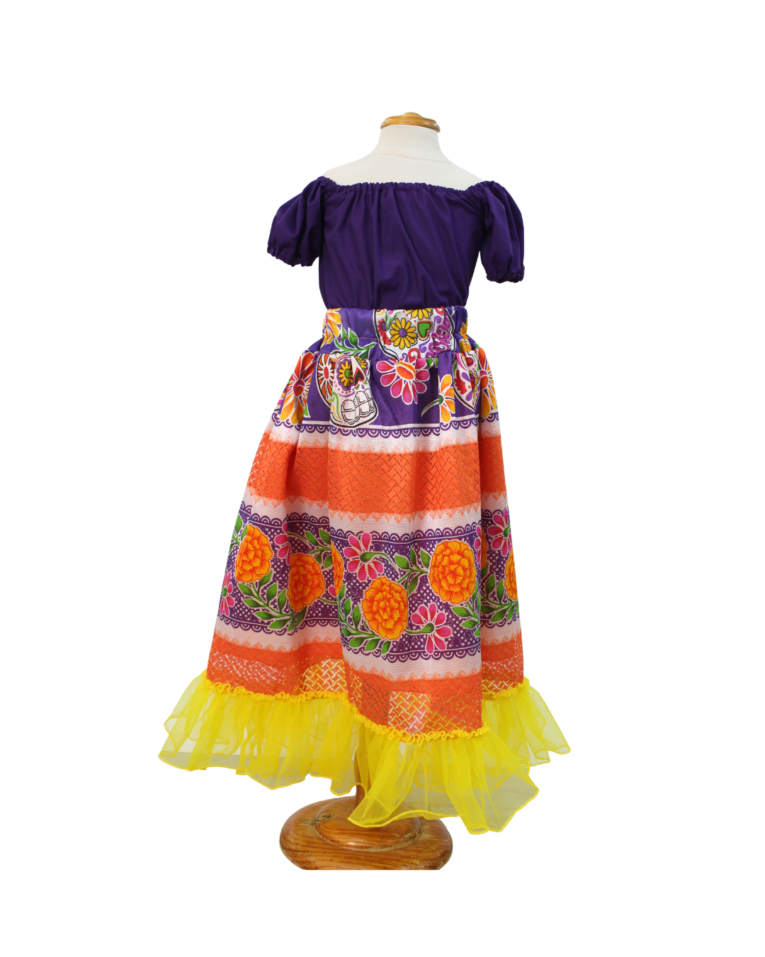 SET CATRINA BLUSA MORADA Y FALDA NARANJA FLORES