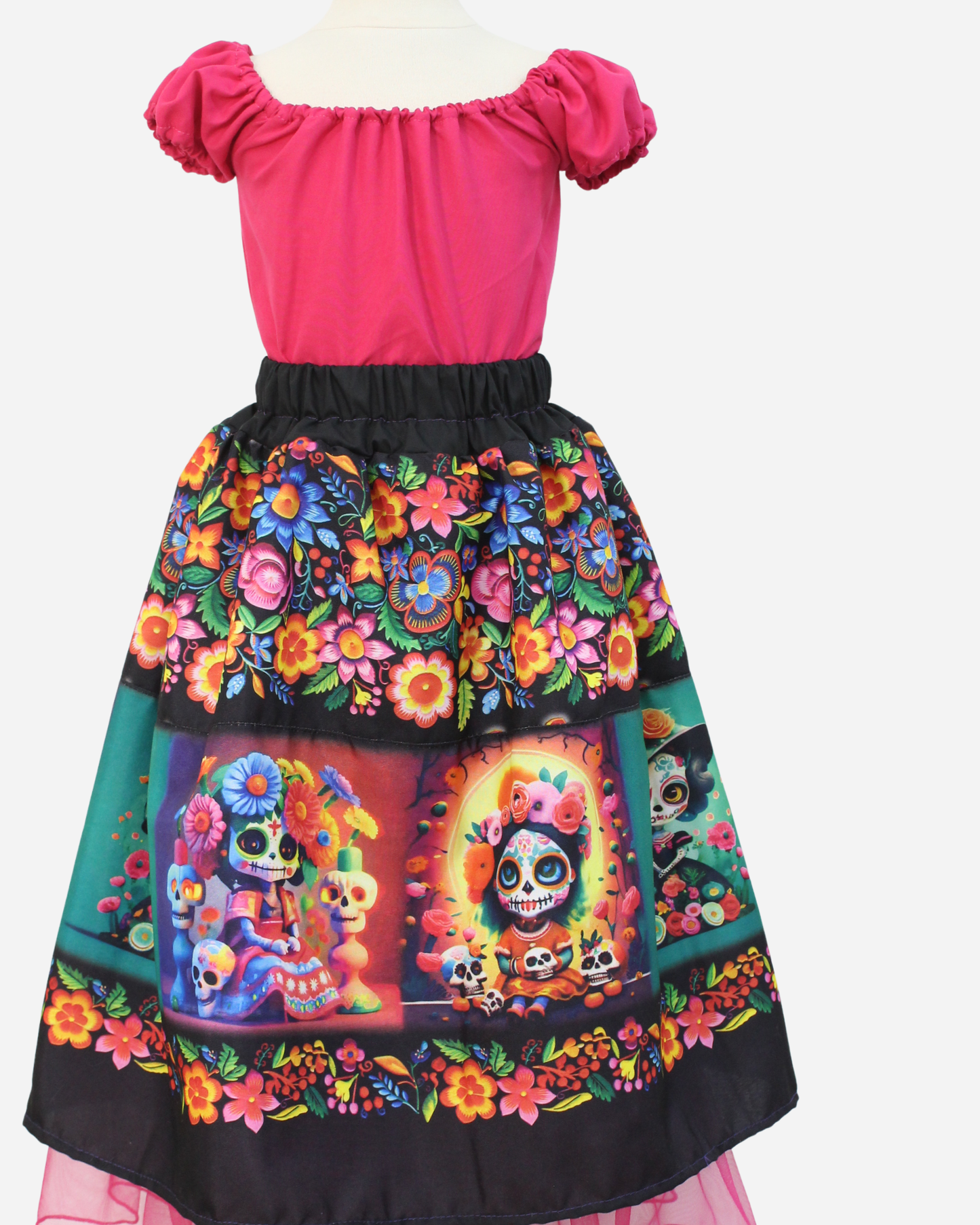 SET CATRINA BLUSA MANGA GLOBO Y FALDA MOTIVOS DIA DE MUERTOS