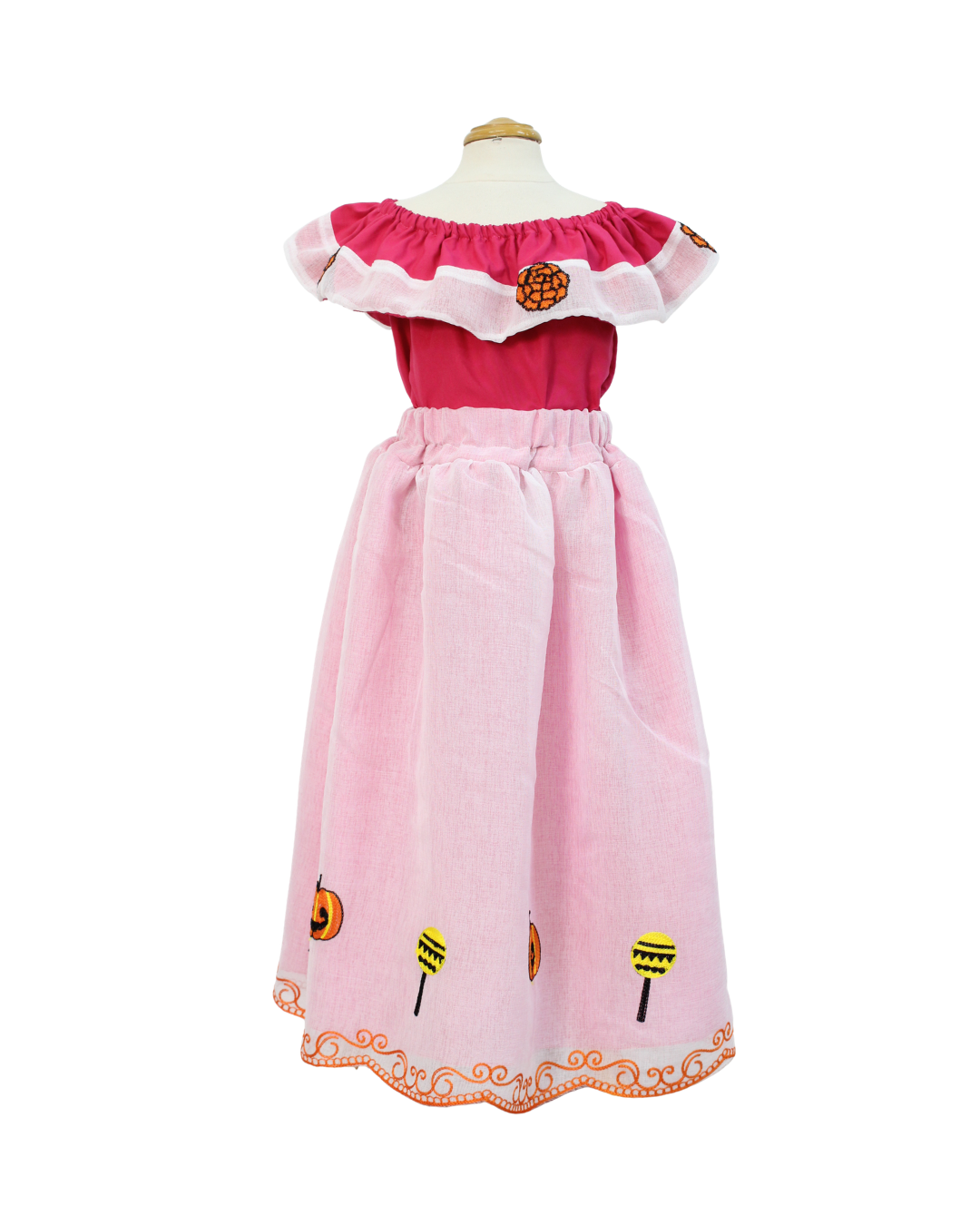 SET CATRINA BLUSA ROSA CON OLAN Y FALDA BLANCA CALABAZAS