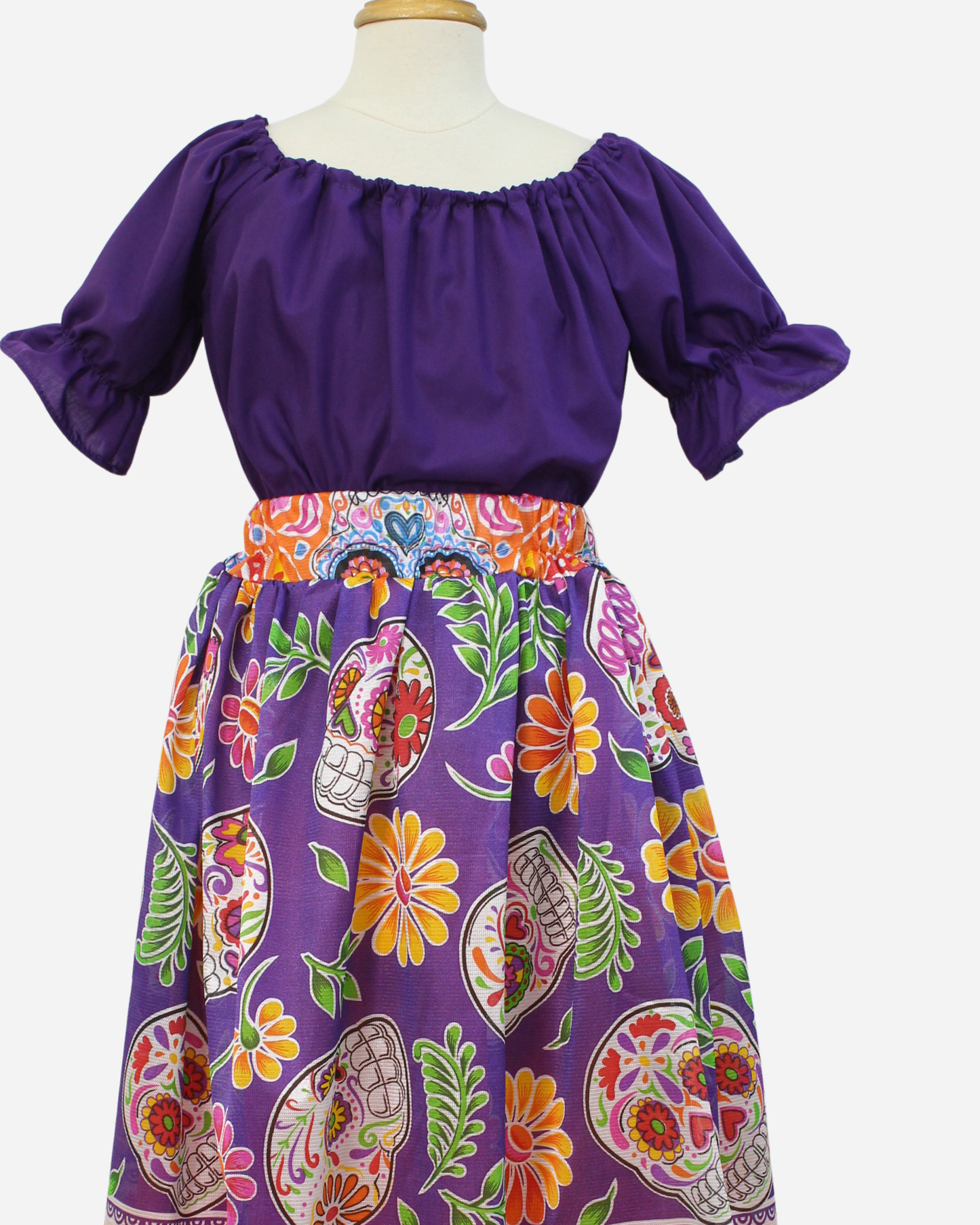 SET CATRINA BLUSA MANGA BOMBACHA Y FALDA MOTIVOS DIA DE MUERTOS